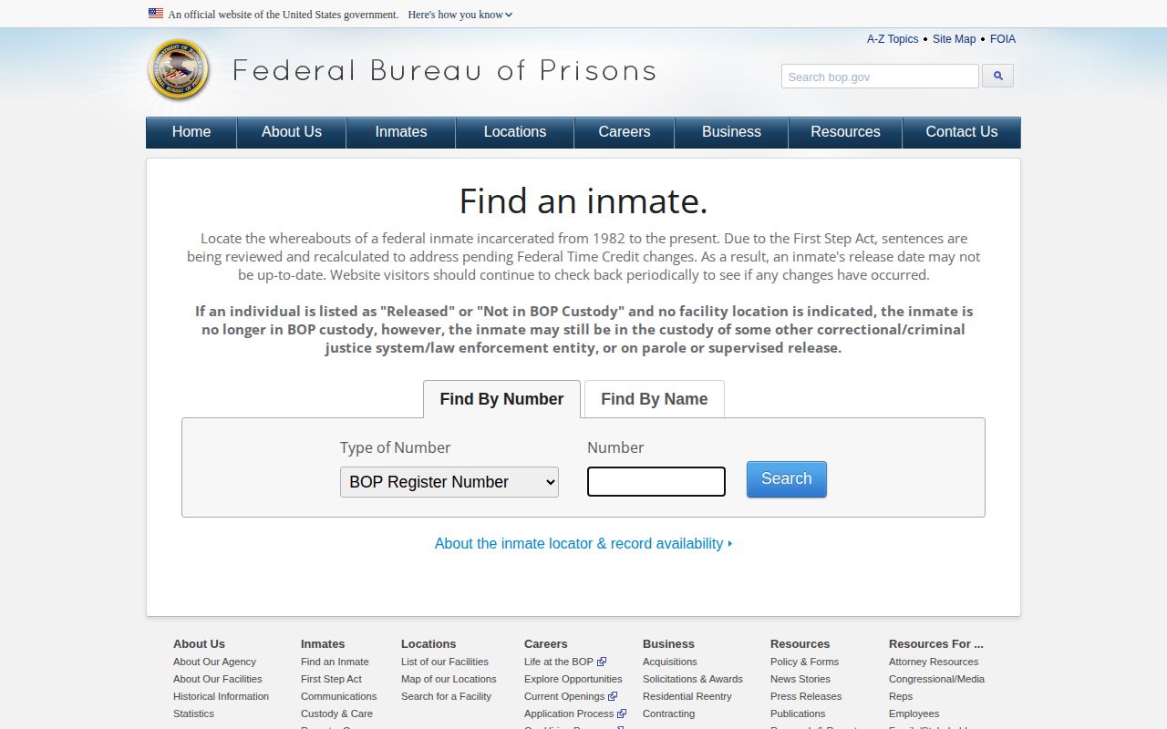Federal Bureau of Prisons release lookup fields for a Sullivan County search
