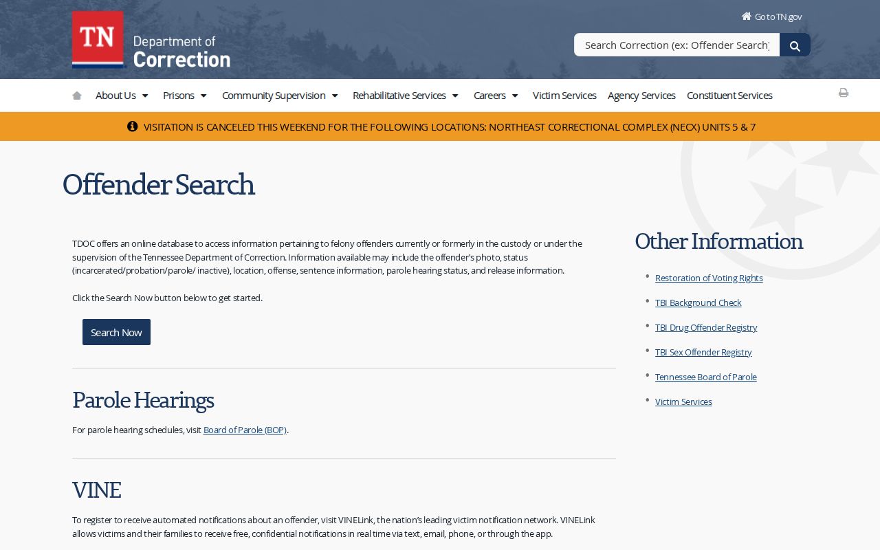 Tennessee Department of Correction FOIL release search scope for Sullivan County cases